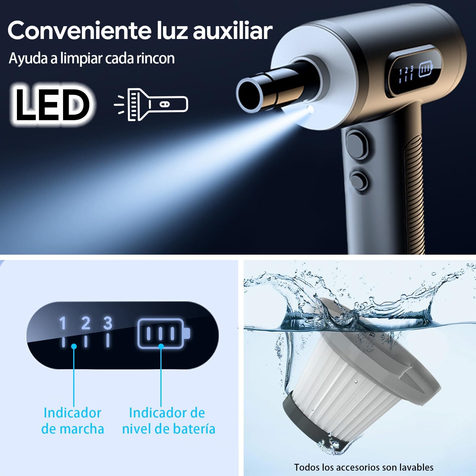 Aspiradora de Mano & Plumero de Aire, 2en1 Aspiradora Inalámbrica de 3 Velocidades con Batería Recargable de 6000mAh, 50000RPM Aire Comprimido con Luz LED, Para Limpiar Computadora,Coche,Hogar,Oficina thumbnail 5