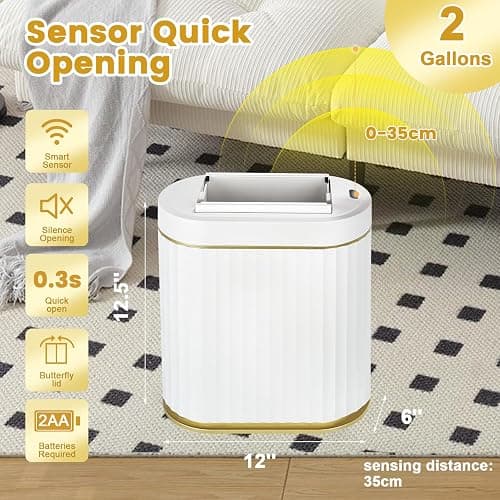 ELPHECO Bathroom Trash Can with Lid Butterfly, Motion Sensor Trash Can Bathroom Decor Automatic Garbage Can Wastebasket Bathroom Accessories, Kitchen, Living Room, Office, White Gold thumbnail 7