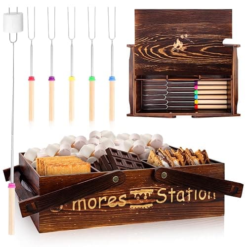 Portable Smores Kit 4 In 1 Smores Caddy Organizer with Handle 6 Pcs 32 Inch Marshmallow Roasting Sticks Dark Brown Smores Basket Tray with Handles Wooden Smores Maker Box with Lid for Camping Outdoor - Image 1