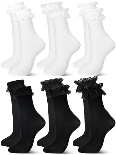 Fourluoo 6 Pairs Women Ruffle Socks Black White Lace Ankle Socks Cute Breathable Thin Cool Frilly Stocking for Girls Women - Image 1
