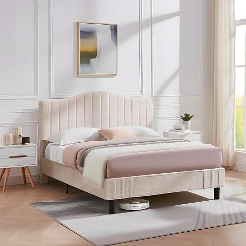 VECELO Full Size Beds Upholstered Platform Bed Frame with Height-Adjustable Teddy Fabric Headboard/Strong Wood Slats Supports / 7.9'' Under Bed Storage Space/Noise Free/No Box Spring Needed, Cream thumbnail 3