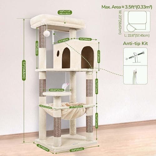 Globlazer Cat Tree Tower with Scratching Post for Indoor Cats, 53inch Tall Plush Multi-Level Cat Climbing Tower Condo House with Large Hammock, Spacious Cat Cave, Big Padded Top Perch Bed, F53, Beige thumbnail 6