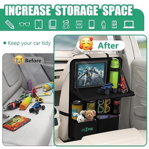 Plzpik Car Backseat Organizer with Tablet Holder,11 Storage Pockets with Foldable Food Tray, Protector Kick Mats for Kids, Travel Accessories Organizer (Black, 1Pack with Food Tray) thumbnail 6