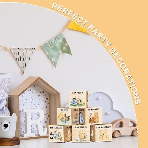 Tillfuru 6 Pcs Inspirational Winnie Nursery Decor for Girls and Boys Wooden The Pooh Decorations Winnie Baby Table Wooden Decorations Winnie Shelf Decor for Bedroom Playroom Gifts 1.6 Inch thumbnail 6