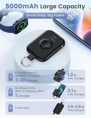 RORRY Portable Charger, 5000mAh Portable Charger Power Bank with Built-in Cables, Travel Keychain Battery Pack for Apple Watch Ultra/11/10/9/8/7/6/SE, iPhone Air/17/16/15/14/13/12, Black thumbnail 3