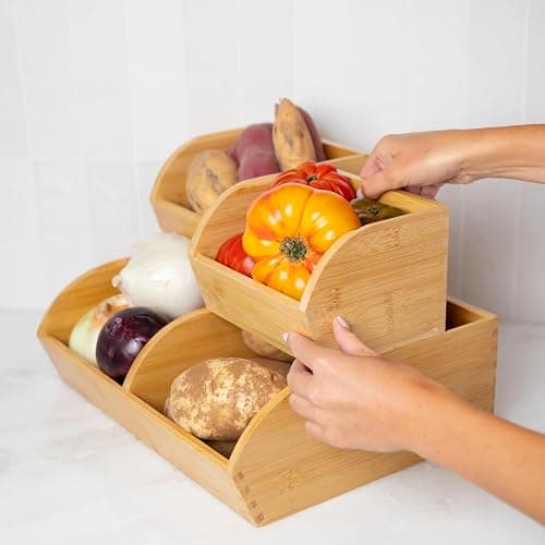 Potato and Onion Storage Bin for Pantry and Kitchen Counter - Ventilated Stackable Bamboo Organizer Baskets with Handles - Multipurpose Organization Containers for Fruit, Vegetable, Pantry - 3 Pack thumbnail 2