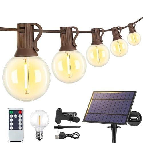 Larkvue 25FT Solar String Lights Outdoor with Remote, Waterproof Dimmable 3 Modes Patio Lights with 10+1 LED Shatterproof G40 Bulbs for Wedding-Brown - Image 1