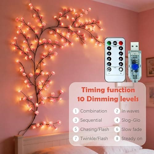Enchanted Cherry Blossom Vine Twig Lights,7.55ft Twinkling LED Tree Branch Fairy String Lights with 144 LED Lights and Remote,8 Lighting Modes,Christmas Indoor Decorations for Home Wall Door Window thumbnail 5