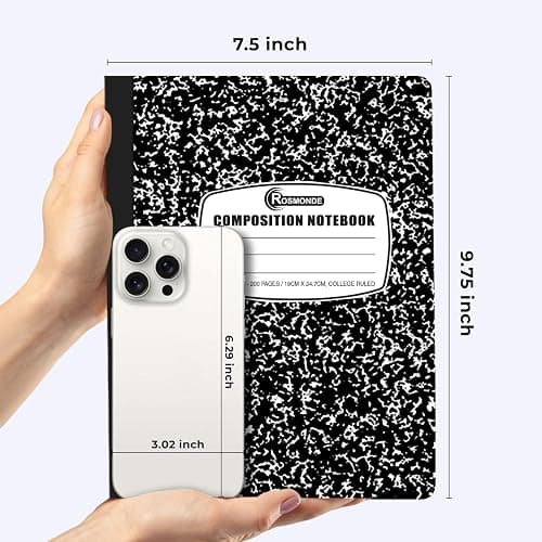 Rosmonde College Ruled Composition Notebooks 5 Pack, 200 Pages (100 Sheets), 9-3/4" x 7-1/2", White & Black Marble Composition Book, Hard Cover, Sturdy Sewn Binding, School, College & Office Supplies thumbnail 2