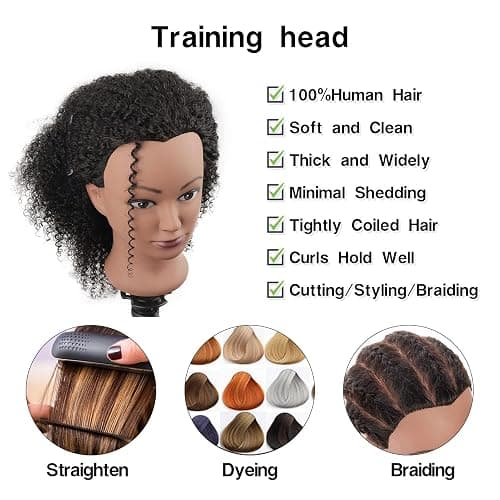 100% Human Hair Mannequin Head Kinky Curly Head Mannequin Real Hair Cosmetology Doll Head for Hair-styling Practice Manikin Training Head With Clamp Stand thumbnail 2