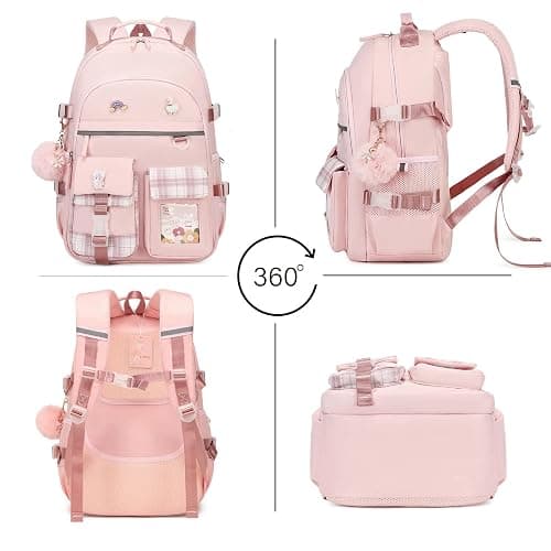 KIDNUO Backpack for Girls, 15.6 Inch Laptop School Bag Kids Kindergarten Elementary College Backpacks Large Bookbags for Teen Girl Women Students Casual Travel Daypacks (Pink) - Large - Pink thumbnail 3
