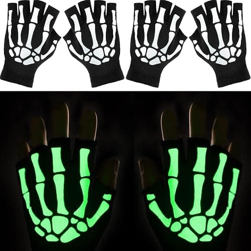 Tatuo 3 Pairs Skeleton Fingerless Glove Glow in the Dark Glove for Kid Adult Halloween(Large) thumbnail 4