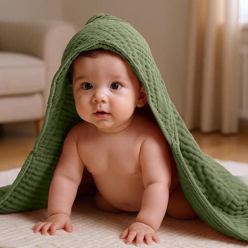 Peryiter 6 Pcs Muslin Hooded Baby Towels, 32"x 32" Cotton Newborn Bath Towel Muslin Infant Baby Blankets Absorbent Unisex Newborn Registry Gift Essentials for Girls Boys (Dark Color Series) thumbnail 2