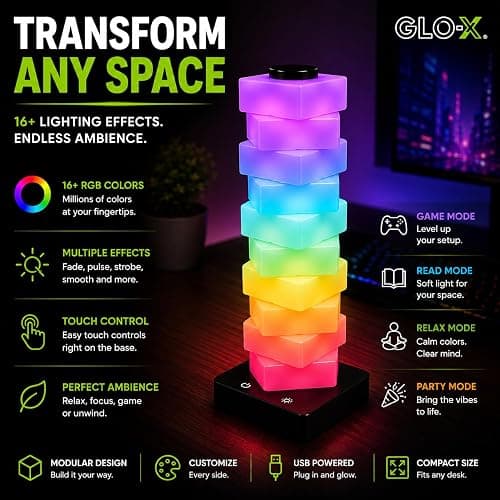 GLO-X Modular RGB Desk Lamp, Stackable LED Touch Light for Gaming & Bedroom | 16+ Color Changing Effects; USB Powered; Create Shape; Night Light; Mood Lighting; Kids Room; Desk Decor; Great Gift Idea thumbnail 4