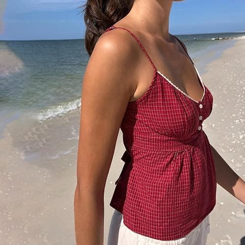 Women Floral Print Cami Top Y2k Spaghetti Strap Lace Camisole Fairy Grunge Scoop Neck Button Down Tie Back Tank Top thumbnail 2