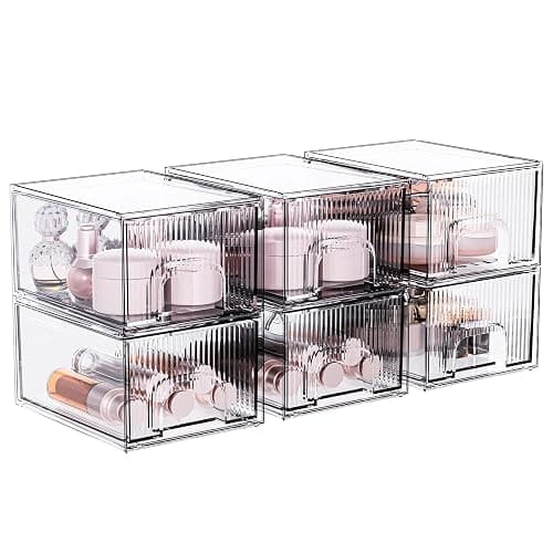 ZHIAI 6 Pack Clear Stackable Storage Drawer, Acrylic Drawer, Cosmetic Organizer, Plastic Organizer for Dresser, Under, Kitchen Cabinet, Pantry, Home Organization and Storage - Image 1