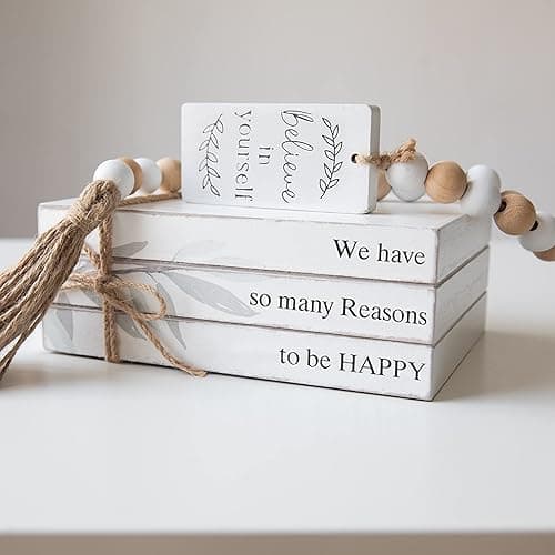 GENMOUS Faux Decorative Books Set for Home Decor, Stacked Wood Books with Wood Beads for Living Room Decor, Faux Books for Display, Shelf Decor, Mantel Decor, Farmhouse Decor (Happy) - Happy