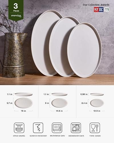famiware Large Serving Platters Set of 3 Sizes - Oval, Matte White | 16"/14"/12" Fine Stoneware Serving Trays for Party, Entertaining for Food, Turkey, Appetizer, Microwave Dishwasher Safe thumbnail 3