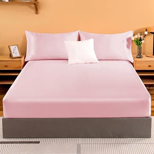 NSGZ Satin Fitted Sheet Twin, Single Silky Fitted Sheet Only Soft Deep Pocket Bottom Bed Sheets, Wrinkle Free & Fade Resistant & Breathable Bottom Sheets- Pink thumbnail 2