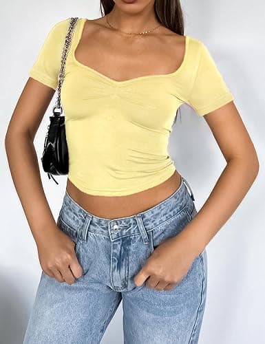 TiulZial Women's Short Sleeve Going Out Crop Top Sexy Pleated Cute Shirt Sweetheart Neck Y2K Ruched Cropped Tops thumbnail 3