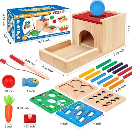 Montessori Toys for 1 2 3 Year Old: 5 in 1 Wooden Toys Kit Includes Object Permanence Box with Ball Drop Toy Shape Sorter & Other Educational Toys for Babies 6-12 Months thumbnail 2