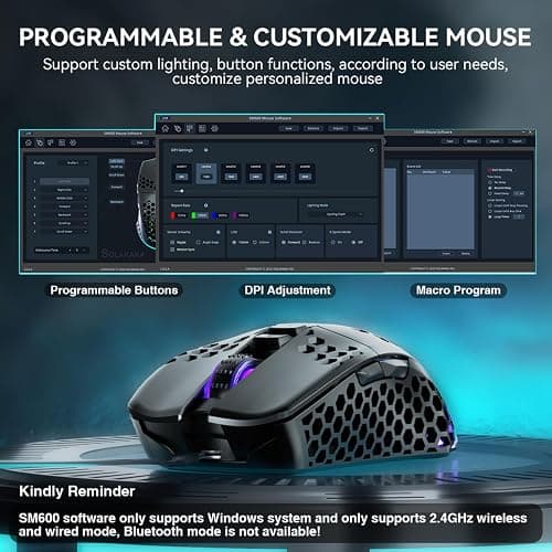 SOLAKAKA SM600 Honeycomb Shell Gaming Mouse Wireless,Tri-Modes BT/2.4G Wireless/Type-C Wired Gamer Mouse with 2 Side Buttons, Macro Programmable and RGB Light for PC/Mac/Laptop,Black thumbnail 6