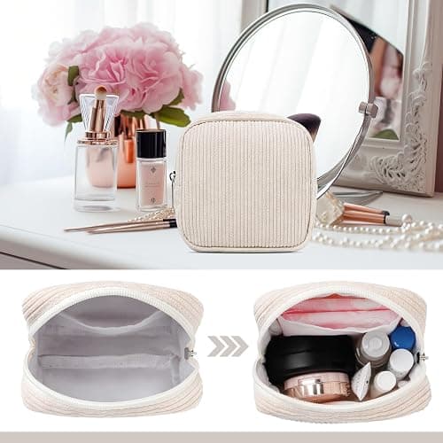 Small Makeup Bag for Purse – Mini Travel Cosmetic Pouch with Metal Zipper, Compact Corduroy Mini Makeup Bag for Cosmetics, Jewelry, Cables – Cute and Vintage Design, Beige thumbnail 3