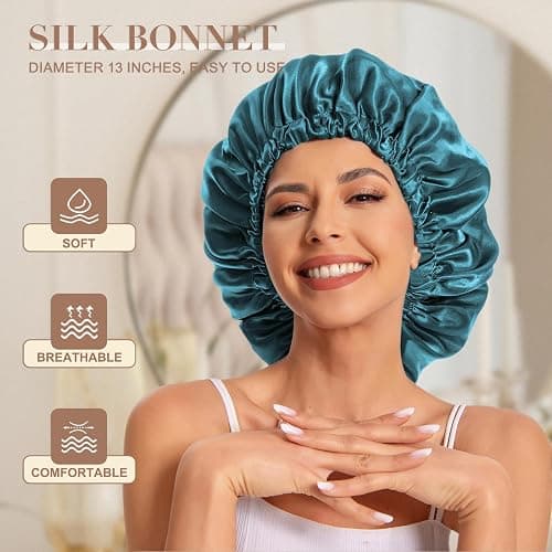 Satin Bonnet Silk Bonnet Hair Bonnet for Sleeping-Slouchy Beanie Hat Satin Sleep Cap for Women's Natural & Curly Hair(Blue Zircon&Dark Pink) thumbnail 2