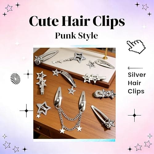 10PCS Y2K Silver Star Hair Clips, 8 Different Shapes Metal Pentagram Barrettes, Punk Kawaii 2000s Hair Clips Cute Y2K Accessories WomenStar Clips Hair for Women and Girls thumbnail 6