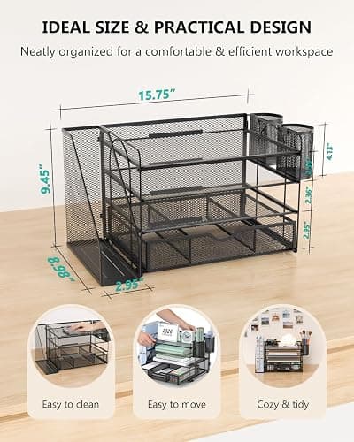 WALI Desk File Organizer, 4 Tier Desktop Paper Letter Tray Organizer with Drawer and 2 Pen Holders, Office Desk Accessories & Workspace Organizers for Office, Home Supplies(DO005DH-B), 1 Pack, Black thumbnail 2