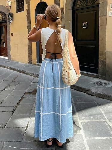 EXLURA Womens Boho Maxi Skirts Summer Flowy Faux Linen Long Skirts Pockets | Grid, A line, High Elastic Waist, Plaid, Dressy Casual Work Skirts, Beach Vacation, Resort Wear, Office, Teacher Outfits thumbnail 5