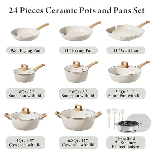 Bazova 24 Pcs Pots and Pans Set Non Stick Ceramic Cookware Set,Healthy Non Toxic Kitchen Cookware Sets with Large Capacity,Induction Compatible,PFAS/PTFE/PFOA/PFOS Free,Cream White thumbnail 2
