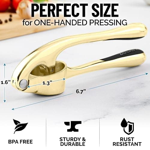 Zulay Kitchen Premium Garlic Press with Soft, Easy to Squeeze Handle - Includes Silicone Garlic Peeler & Cleaning Brush - 3 Piece Garlic Mincer Tool - Sturdy Easy to Clean Garlic Crusher (Gold) thumbnail 2