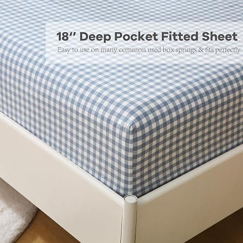 K MASANIJI Dust Blue White Plaid Ruffle Sheets Queen Size 4-Piece Set, 300TC 100% Yarn Dyed Cotton Sheets18 in Deep Pocket Classic Gingham Decorative Bedding (Dust Blue/White Plaid, Queen) thumbnail 5
