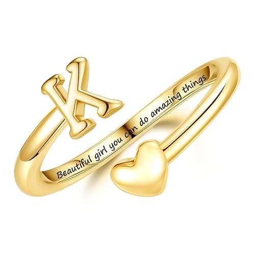 Turandoss Initial Heart Rings for Teen Girls Kids Gifts Trendy Stuff | 6-16 Year Old Teen Girls Kids Birthday Gifts, 14K Gold Plated, Initial Letter A-Z Adjustable Ring, Personalized Kids Rings - Image 1