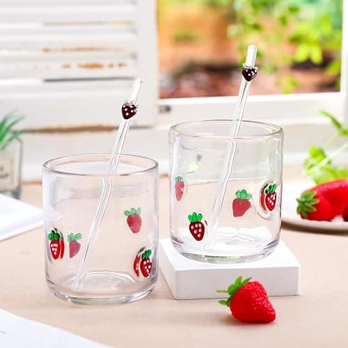 Skylety 2 Set Strawberry Icon Juice Glass Cups - Icon Glass Cup with 2 Straw 14 oz Double Old Fashioned Cute Pattern Glassware for Tea, Water, Milk, Coffee, Parties Gifts thumbnail 2