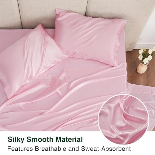 Love's cabin Twin Satin Sheets Sets - 3 Piece Pink Silky Bed Sheets with Deep Pockets, Luxury Silk Feel Satin Twin Size Sheet Set Bedding Set (1 Flat Sheet,1 Fitted Sheet,1 Pillow case) thumbnail 3