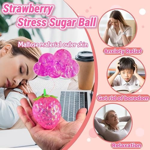 Squishy Strawberry Stress Suagr Balls for Kids, Squeeze Toys, Cute Sensory Fruit Squishy Toys for Kids Birthday Gifts, Strawberry Stress Sugar Ball for Easter Basket Stuffers thumbnail 3
