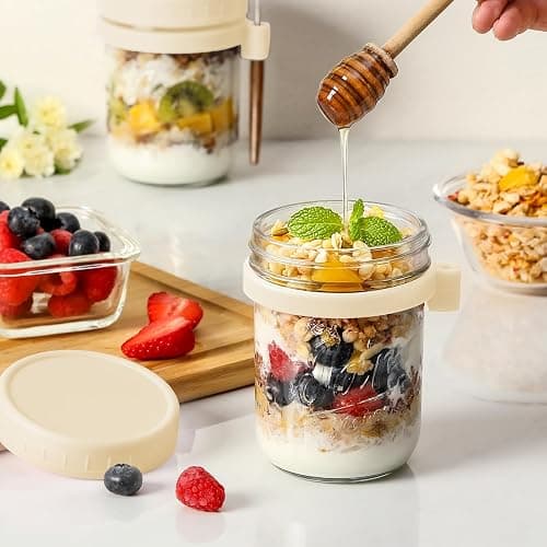 6 Pack Overnight Oats Containers with Lids and Spoons, 16 oz Glass Mason Overnight Oats Jars, Large Capacity Airtight Jars for Milk, Cereal, Fruit(Beige） thumbnail 2