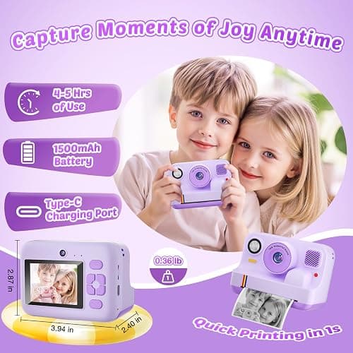 Instant Print Camera for Kids, App Printing, 1080P Video, Dual-Lens Selfie Digital Camera with 32G SD, Christmas Birthday Gifts for Girls Boys 4 5 6 7 8 9 10 11 12 Year Old, Toddler Toy_Purple thumbnail 6