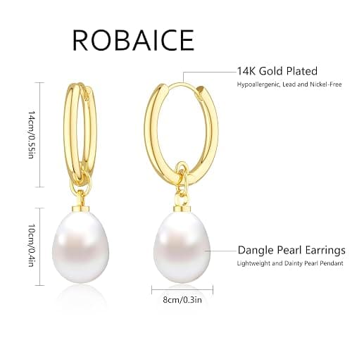 Robaice 14K Gold Plated Pearl Dangle Earrings for Women, Small Pearl Drop Huggie Hoop Earrings, Hypoallergenic Dainty Gold Wedding Earrings Jewelry Gifts for Women Trendy thumbnail 5