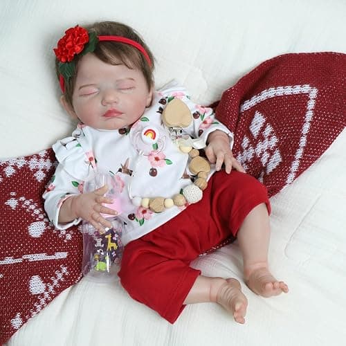 SCOM 20 Inch Realistic Reborn Baby Doll, Lifelike Newborn Sleeping Girl, Soft Cloth Body & Vinyl Limbs, Gift Feeding Set & Gift Box, Safe Toy for Kids 3+ / Companionship Doll thumbnail 7
