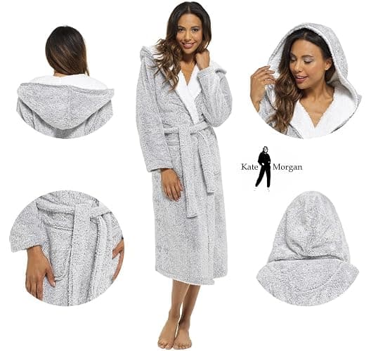 KATE MORGAN Ladies Dressing Gown Fluffy Super Soft Hooded Bathrobe for Women Plush Fleece Perfect Loungewear Long Robe | Gifts for Women thumbnail 7