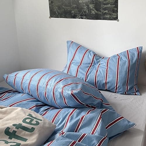 mixinni Vintage Striped Blue Duvet Cover Queen - 100% Cotton Red Stripes 3-Piece Bedding Duvet Cover Set with Zipper Closure, Soft & Breathable Retro Design for All Seasons (Queen Size) thumbnail 4