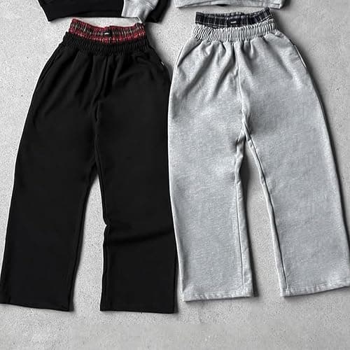 Double Waisted Sweatpants Men Vintage Plaid Double Waist Sweats Elastic Waisted Drawstring Loungewear Track Pants thumbnail 2