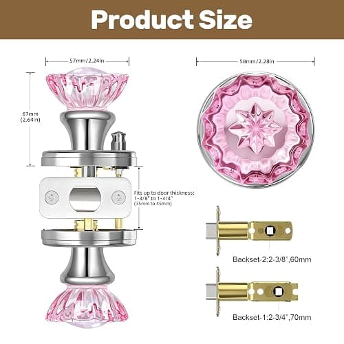 SHINY HANDLES Pink Glass Door Knobs Interior with Lock, Crystal Door Knob | Interior Rose Shape Polished Chrome Privacy Door Knob for Bedroom and Bathroom thumbnail 3