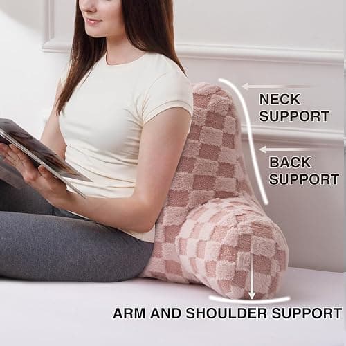 A Nice Night Faux Fur Reading Pillow,Checkered Fluffy Grid Plaid,Bed Wedge Pillow Large Adult Children Backrest with Arms for Bedrest,Pink thumbnail 4