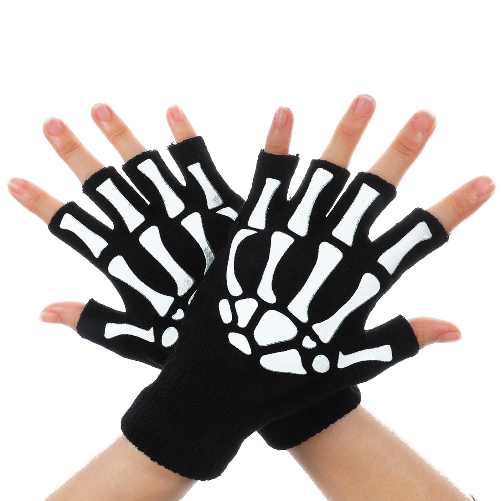 Bremorou 1 Pair Halloween Skull Bone Hand Gloves Skeleton Fingerless Gloves For Men Women Kids Bone Glove Unisex Punk Goth Accessories In The Dark Halloween Costume Emo - Image 1