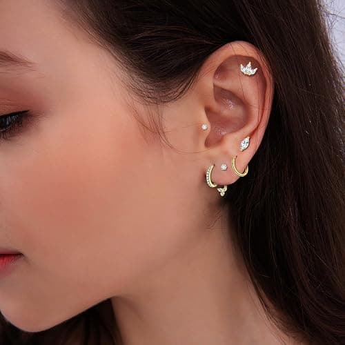 14K Gold Plated Flat Back Earrings & Hoops Set - 16 Pairs Hypoallergenic Cartilage Studs & Mini Hoops for Women | Threadless Push-in Design, Tiny Star, Moon, Heart, CZ Studs & Chunky Hoops thumbnail 6