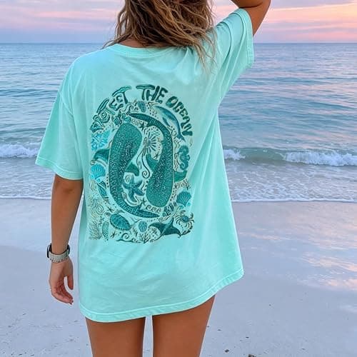 Women Teens Girl Oversized Graphic Shirts Short Sleeve Floral Baggy Tees Y2K Cute Aesthetic Summer Coastal Tops thumbnail 4